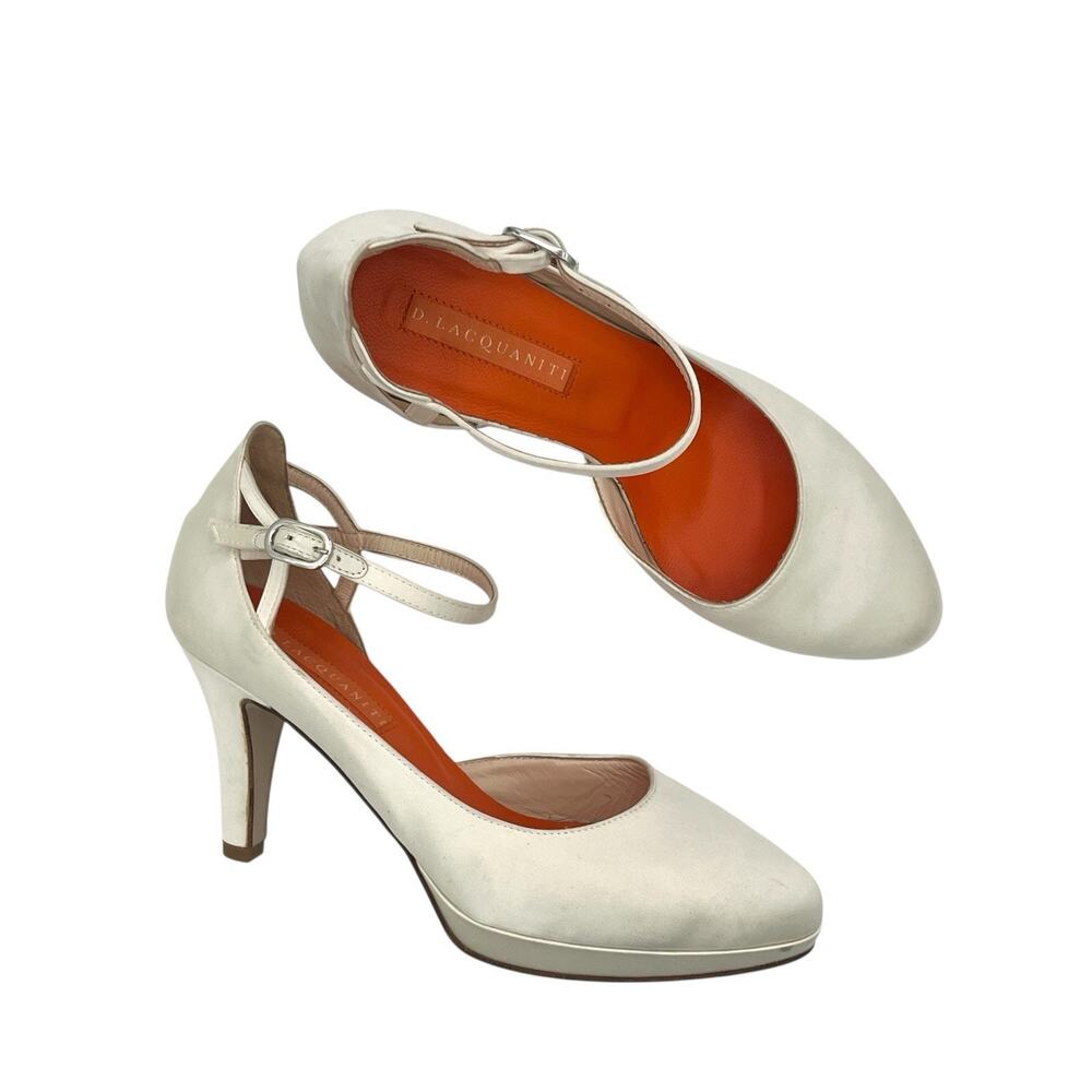 D. Lacquaniti white Satin d'Orsay Mary Jane heels Sz 37 Bridal Luxury Designer